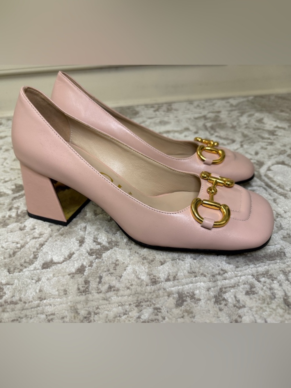 Women's Pink Leather Block Heel Pumps with Gold Buckle